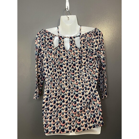 Lucky Brand Shirt Womens Medium Navy Floral Cutout Neck 3/4 Sleeve Boho - Picture 4 of 7